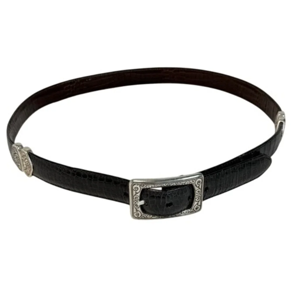 Brighton Black Croc Embossed Leather Belt Silver Scroll Buckle Size Large 30